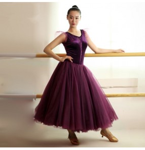 Dark purple v neck velvet sleeveless long length full skirted women's ladies female competition performance ballroom tango waltz dance dresses costumes outfits